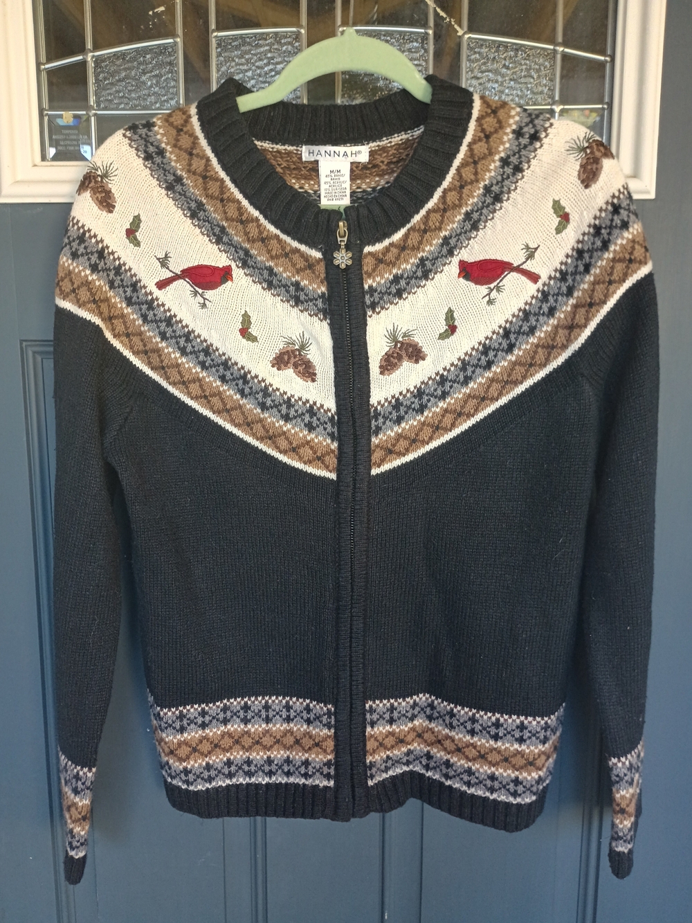 Hannah Fair Isle Full Zip Cardigan Black Cardinal Pinecone Sz M Nature Inspired